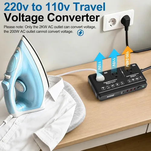 Miniatura 2 de 220v to 110v Travel Voltage Converter: International Universal Voltage Black Converter US to Europe Power Strip Plug Transformer - 2000W Electric