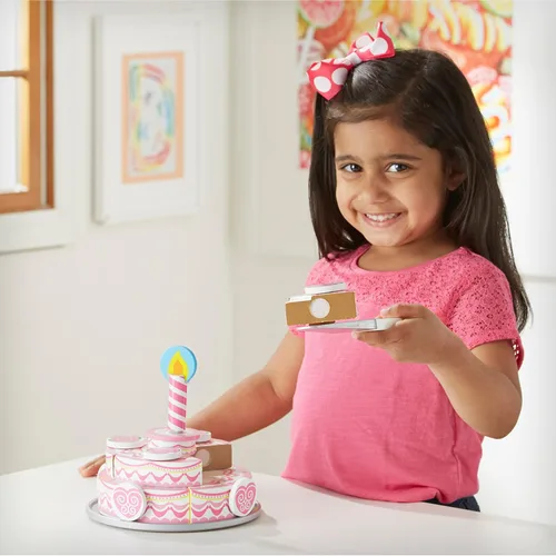 Miniatura 5 de Juguete de madera en forma de pastel de fiesta de tres capas Melissa & Doug, construcción robusta con pestañas autoadhesivas, gran regalo para niñas