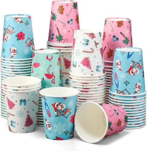 Miniatura 9 de Funtery 100 piezas de vasos de papel de Navidad, vasos de café desechables de Navidad con copos de nieve, muñeco de nieve, alce, luces, 9 onzas