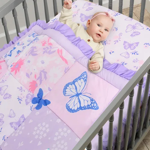 Miniatura 4 de Juego de ropa de cama para cuna Cloele para niñas, 3 piezas de ropa de cama floral de mariposa para bebé - Incluye edredón, sábana ajustada y falda