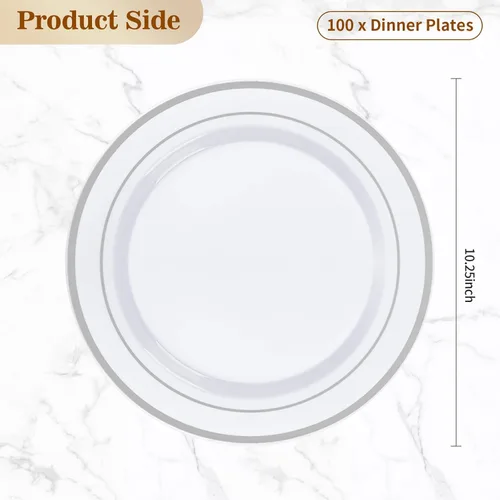 Miniatura 6 de BESTVIP 100 platos de plástico plateados, platos desechables de 10.25 pulgadas para fiesta con borde plateado para Navidad, Acción de Gracias
