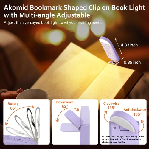 Miniatura 5 de Akomid Luz recargable USB para leer en la cama, 8 LED estilo marcador con clip, modo de luz ámbar cuidado de los ojos para niños, bloqueo de luz