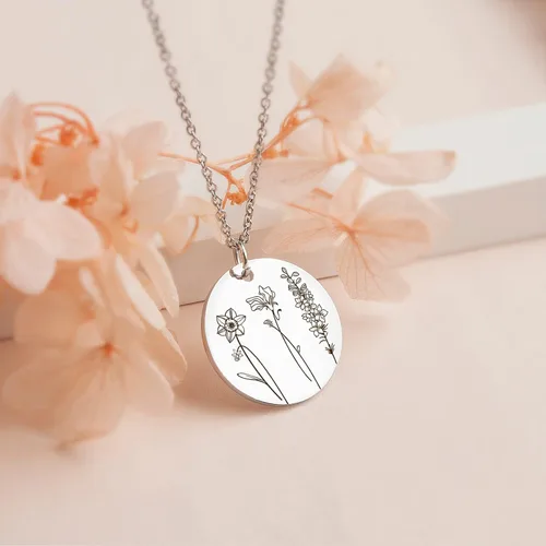 Miniatura 5 de Anavia Collar con múltiples flores del mes de nacimiento, conexión de familiares y amigos, collar de moneda floral grabado personalizado, regalo