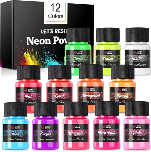 LET'S RESIN Polvo de pigmento de neón, polvo fluorescente de 12 colores, 0.35 onzas por botella de polvo de mica para resina epoxi, uñas, vasos,