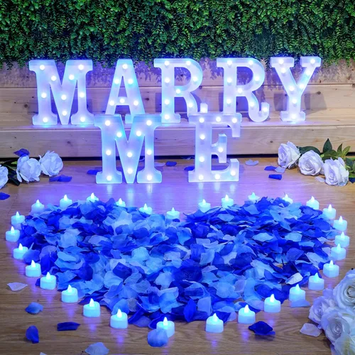 Miniatura 9 de Hortsun Letras iluminadas para decoración de propuesta de cásate conmigo ¿Te casarás conmigo? Letrero Pétalos de rosa 24 Velas LED Luz nocturna