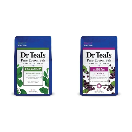 Dr Teal's Sal de Epsom pura, relajación y alivio con eucalipto y menta verde, 3 libras y remojo de sal de Epsom pura, saúco negro con vitamina D, 3