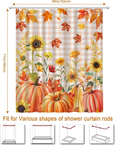 Miniatura 2 de Cortina de ducha de hojas de otoño, cortinas de calabazas de otoño para baño, cortina de baño de arce con búfalo naranja, cortina de baño