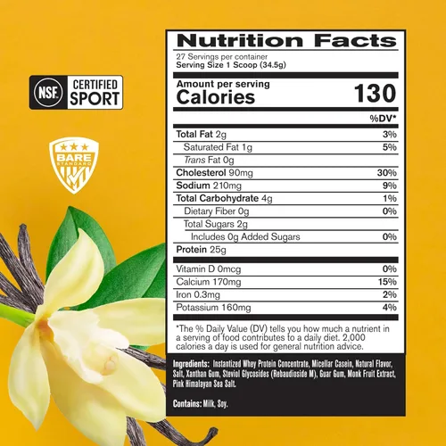 Miniatura 2 de BARE PERFORMANCE NUTRITION, Mezcla de proteína de suero BPN + proteína de caseína en polvo, vainilla, 25g de proteínas por porción, apoya
