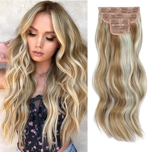 Miniatura 36 de Extensiones de cabello con clip de Vigorous de 20 pulgadas, con reflejos rubio playa, extensiones de cabello ondulado largo y suave de cabello