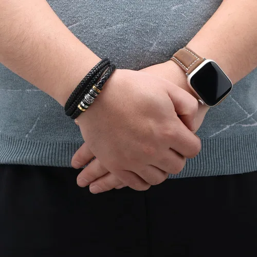 Miniatura 3 de Pulsera de cuero negro para hombre con correa de piel negra para hombre