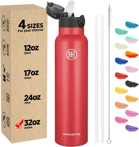 Miniatura 33 de Han's Bottle - Botella de agua para niños con tapa con pajilla - Vaso reutilizable de acero inoxidable aislado para niñas, niños, taza termo, 17
