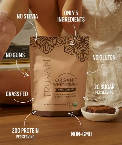Miniatura 3 de Polvo de proteína de suero orgánico Truvani Chocolate 20g de proteína de suero alimentado con hierba 20 porciones Orgánico certificado USDA