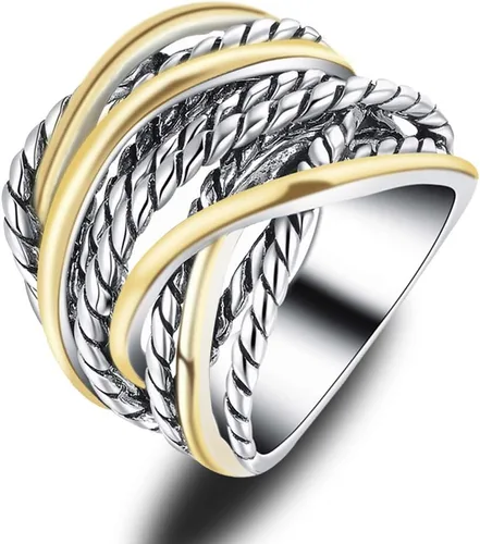 Mytys - Anillos de banda ancha trenzados, anillo de cuerda torcida, anillos de declaración trenzados de dos tonos de metal mixto, joyería de moda