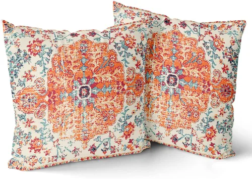 Juego de 2 fundas de almohada étnicas y bohemias de 18 x 18 pulgadas, color azul naranja, vintage, coral óxido, floral, decorativas, de algodón, con