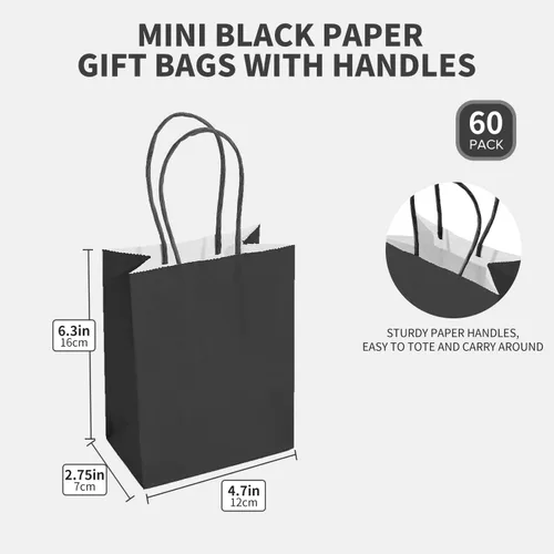 Miniatura 4 de DjinnGlory Paquete de 60 mini bolsas de papel negro para regalos de fiesta con asas a granel de 6.3 x 4.7 x 2.75 pulgadas para regalos de cumpleaños