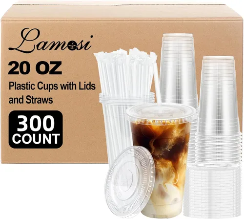 Miniatura 8 de Lamosi Paquete de 100 vasos de plástico transparente de 12 onzas con tapas y pajitas, tazas desechables para café helado con tapas para bebidas