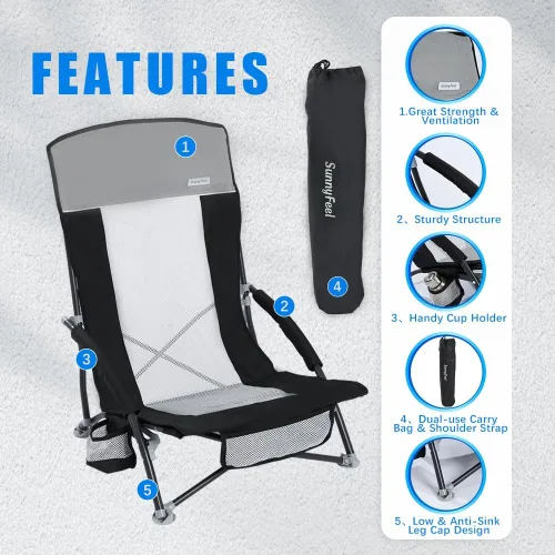 Miniatura 5 de SUNNYFEEL Silla de playa baja – Sillas de playa plegables con respaldo alto para adultos con portavasos y bolsillo lateral, mochila ligera silla