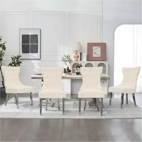 Miniatura 34 de adochr Juego de 2 sillas de comedor de terciopelo, sillas de cocina tapizadas con patas de metal, respaldo abotonado moderno con anillo de tracción
