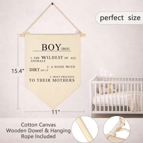 Miniatura 6 de Bandera colgante de lona con texto en inglés «Boy the Wildest of All Animals», «A Noise With Dirt On It», letrero decorativo de pared para bebés