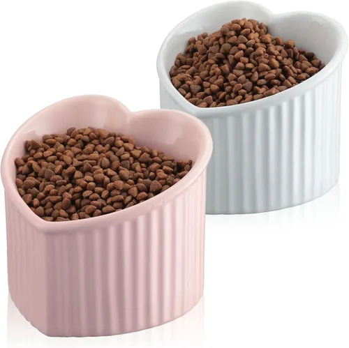Mumufy 2 piezas de cuencos elevados de cerámica para gatos, cuencos para mascotas inclinados y elevados, antivuelco, plato para gatos en forma de
