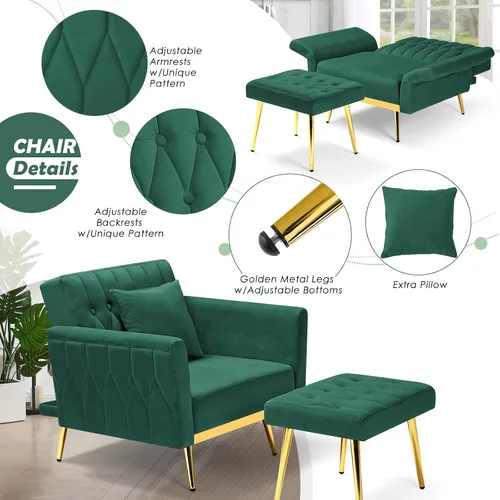 Miniatura 6 de Silla decorativa de terciopelo con respaldo y reposabrazos ajustables, sillón reclinable individual con otomana y patas mentales doradas para sala