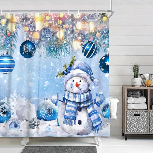 Cortina de ducha de Navidad de invierno, muñeco de nieve, bola azul, copo de nieve, árbol de pino, cortina de baño para decoración de vacaciones,