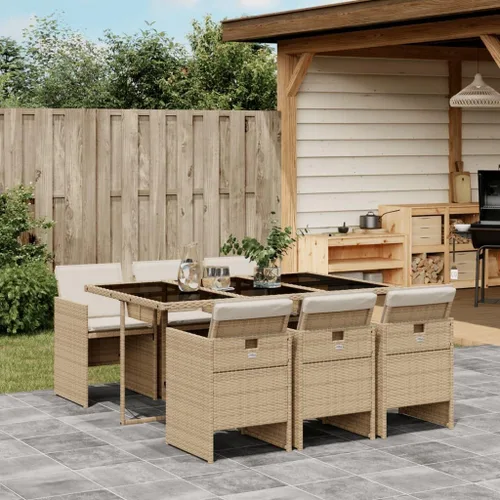 Miniatura 30 de 9 Piece Patio Dining Set with Cream Cushions Beige Poly Rattan Table and 8 Foldable Chairs for Backyard Garden Dining Beige/Wood/9 Piece