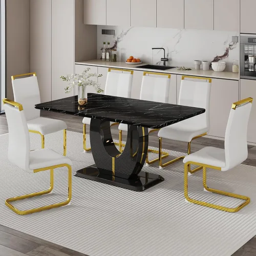 Miniatura 54 de Juego de 6 sillas de mesa de comedor para 6, juego de 6, moderno juego de comedor con mesa de comedor de mármol de 63 pulgadas, sillas tapizadas