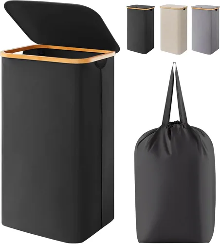 Miniatura 12 de Lifewit - Cesta de ropa sucia de 100L con tapa, cestos para la ropa con asas de bambú y una bolsa extraíble, cesto grande plegable para la ropa