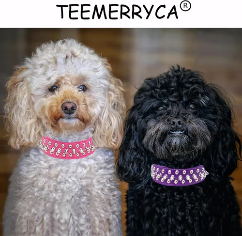 Miniatura 2 de TEEMERRYCA Collares ajustables de piel sintética con tachuelas para perro con una bola chirriante de regalo para mascotas pequeñas, medianas y Rosa