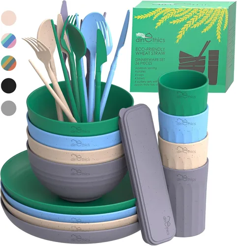 Miniatura 12 de Juego de vajilla de paja de trigo para 4 – Juego de platos de campamento, tazas y cuencos, platos aptos para lavavajillas y microondas, alternativo