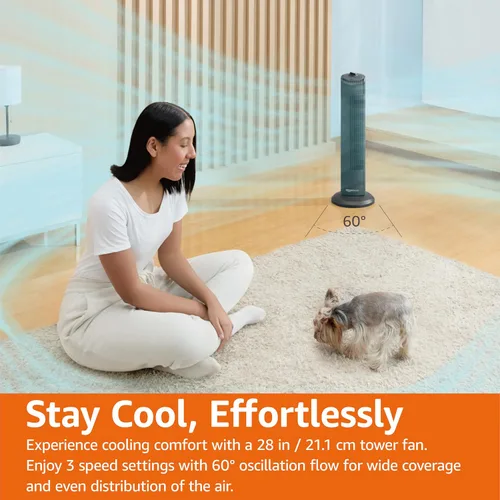Miniatura 4 de Amazon Basics Ventilador de torre oscilante de 60 grados de 28 pulgadas para dormitorio, sala de estar, oficina, con 3 velocidades, control mecánico