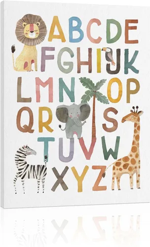 Póster ABC para decoración de pared de cuarto de bebé, arte bohemio del alfabeto para pared de aula, arte de pared de niños de animales de safari,