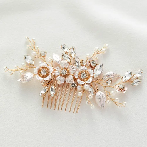 Miniatura 9 de SWEETV Peine de pelo de novia plateado para accesorios de cabello de boda, hecho a mano con cristales, perlas y hojas, 4.72 x 2.75 pulgadas