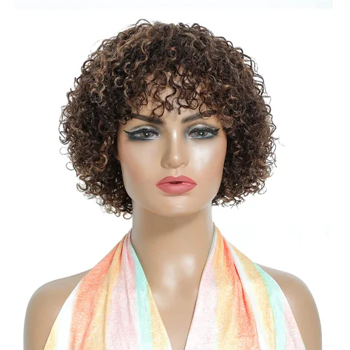 Peluca de cabello humano rizado estilo Bob para mujeres negras, 150% de densidad, mezcla de castaño caoba, peluca corta sin pegamento por marca