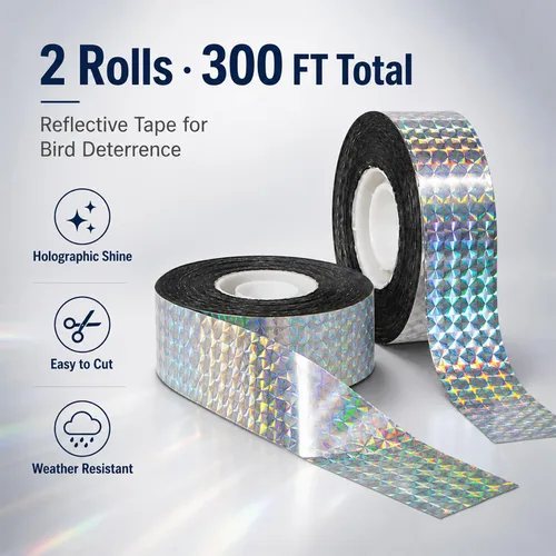 Miniatura 2 de RAINFLOW Cinta reflectante para asustar pájaros, 2 rollos de cinta reflectante de 300 pies para exteriores, cinta brillante de doble cara