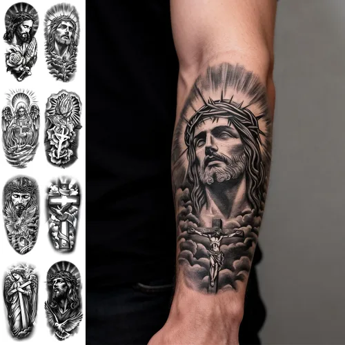 Miniatura 9 de 8 hojas de tatuajes temporales de león, lobo, tigre, para hombres y adultos, brújula de vida silvestre realista, calcomanías falsas de tatuaje