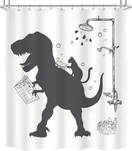 Miniatura 6 de Divertido juego de cortinas de dinosaurio para niños para baño, de tela, con diseño de dinosaurio, dino, gato, Trex, animal, raptor, silueta