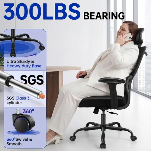 Miniatura 9 de Silla de oficina ergonómica, silla de computadora de malla con respaldo alto con cómodo soporte lumbar adaptativo, colgador de abrigo integrado