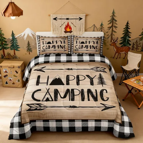 Miniatura 46 de Juego de Edredón para Acampar Feliz para Niños Tamaño Individual, Juego de Ropa de Cama Rústica de Aventura de Granja y Cabaña, Decoración