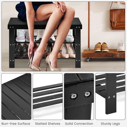 Miniatura 7 de Giantex Banco de zapatos de entrada, organizador de zapatos de bambú con capacidad para hasta 6 pares, 3 niveles de almacenamiento de zapatos Negro