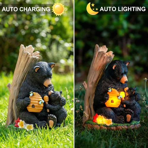 Miniatura 2 de Candieslife Estatua de jardín de oso solar con colmena brillante y cachorro, figura LED para exteriores, decoración para patio, césped, arte