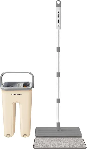 OVENTE Mopa y cubo con juego de escurridor, trapeador plano autolimpiante manos libres con almohadilla de microfibra lavable, limpiador del hogar