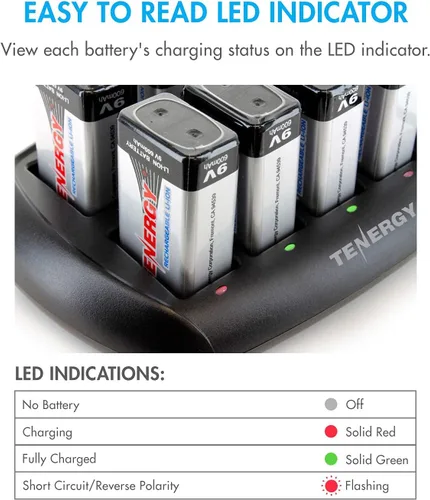 Miniatura 7 de Tenergy Baterías 9V 600mAh 10PCS Li-ion 9 voltios baterías recargables con 10 ranuras Li-ion 9V cargador de batería para alarma de humo/detector