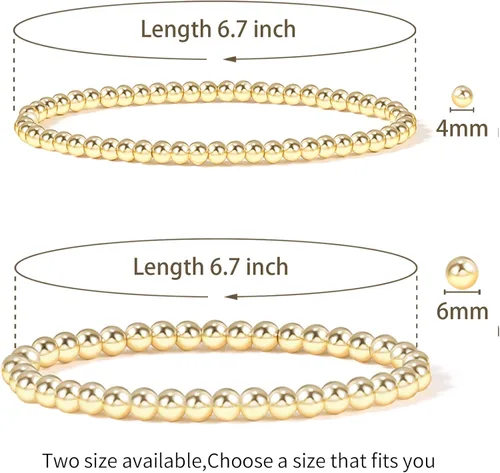Miniatura 2 de Pulsera para mujer con cuentas chapadas en oro de 14 quilates, pulsera elástica de cuentas redondas