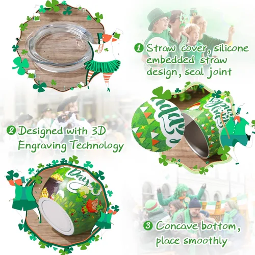 Miniatura 3 de Zopeal 4 vasos de vino del Día de San Patricio, tazas de café de acero inoxidable de 12 onzas, regalos irlandeses para mujeres y hombres, vasos