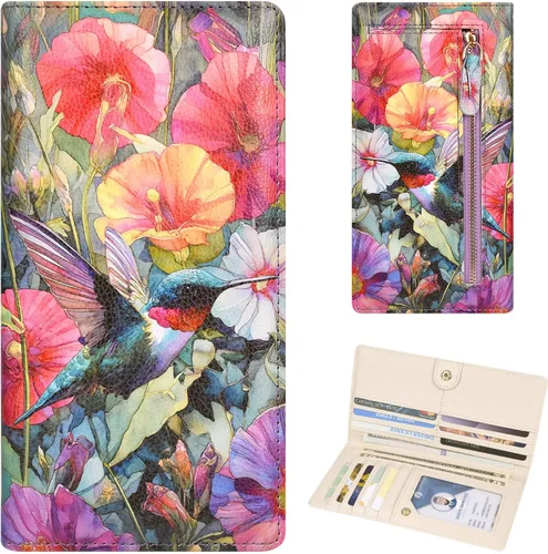 Miniatura 18 de Billetera para mujer, billetera RFID extradelgada, bolso plegable de cuero, con 11 ranuras para tarjetas y ventana de identificación, lindo monedero