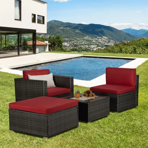 Quarte Juego de muebles de patio de 4 piezas, sofá modular de mimbre de ratán PE para exteriores con acolchado y almohada, para porche, césped, Gris