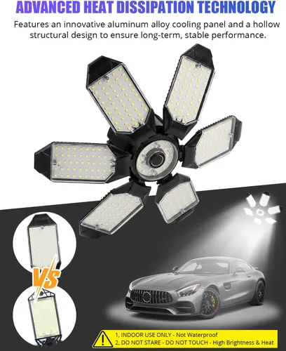 Miniatura 4 de Tudoccy Luces de garaje, paquete de 2 luces LED de techo de garaje de 34000 lúmenes, 6500 K, luz LED para tienda, 6 paneles ajustables, bombilla
