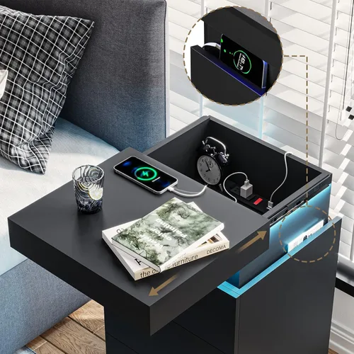 Miniatura 3 de ADORNEVE Mesita de noche con estación de carga y luces LED, mesa auxiliar con parte superior deslizante, mesa de noche con cajones, mesa lateral